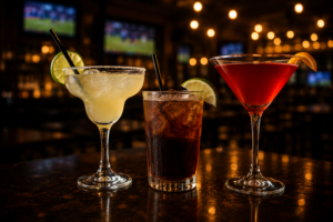 Margarita, rum and cola, and a red martini on the bar