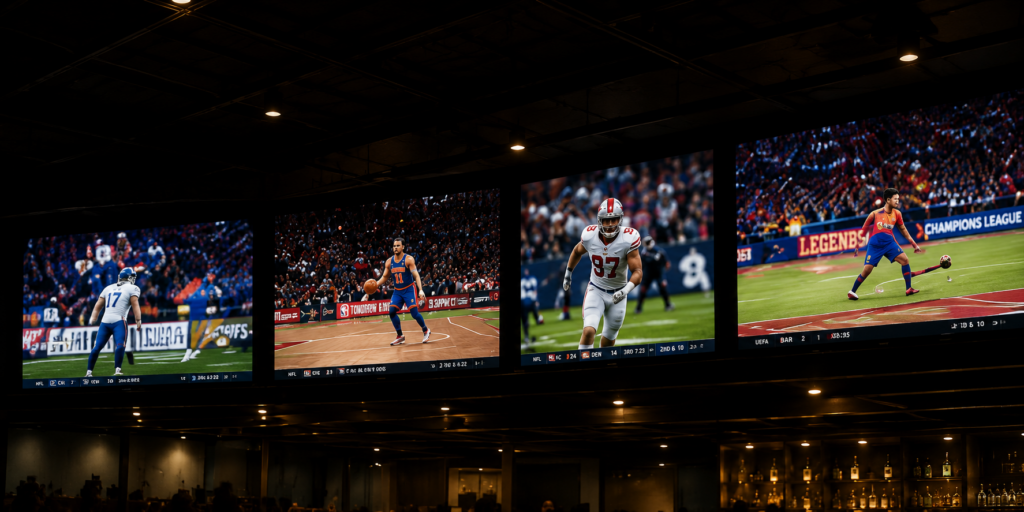 Guests at the gold-lit bar beneath the Sideline sign and a wall of screens