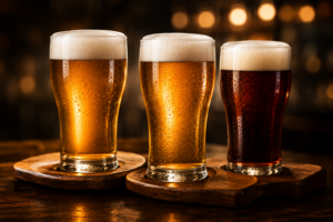Three cold draft beers on wooden paddles