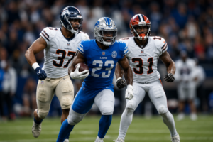Football running back breaking through the defense