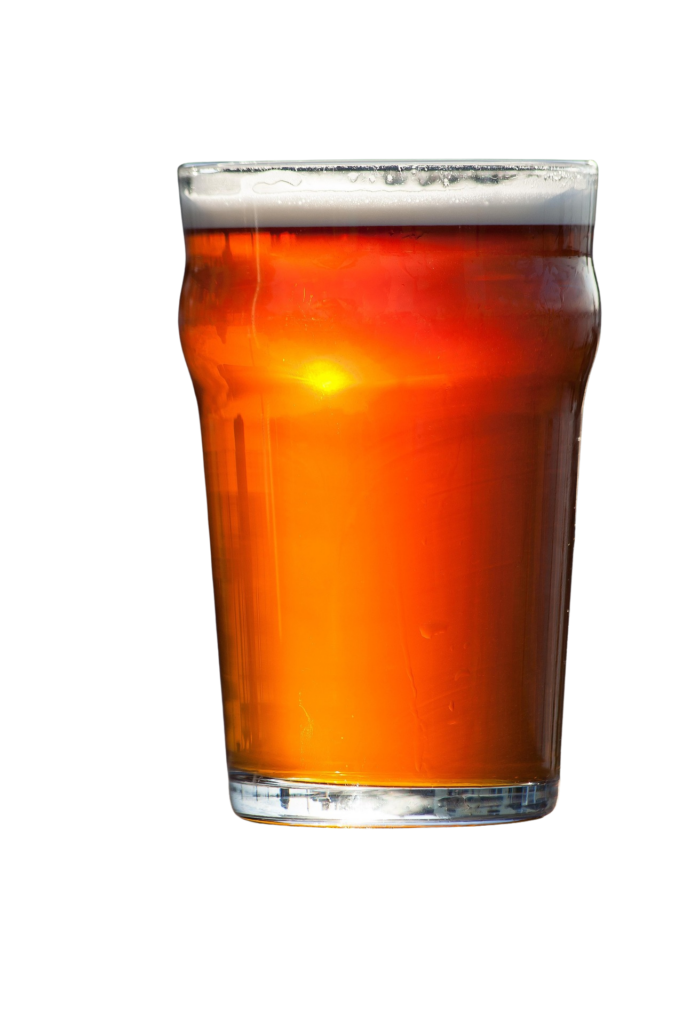 Tall glass of draft beer with condensation, The Sideline logo glass